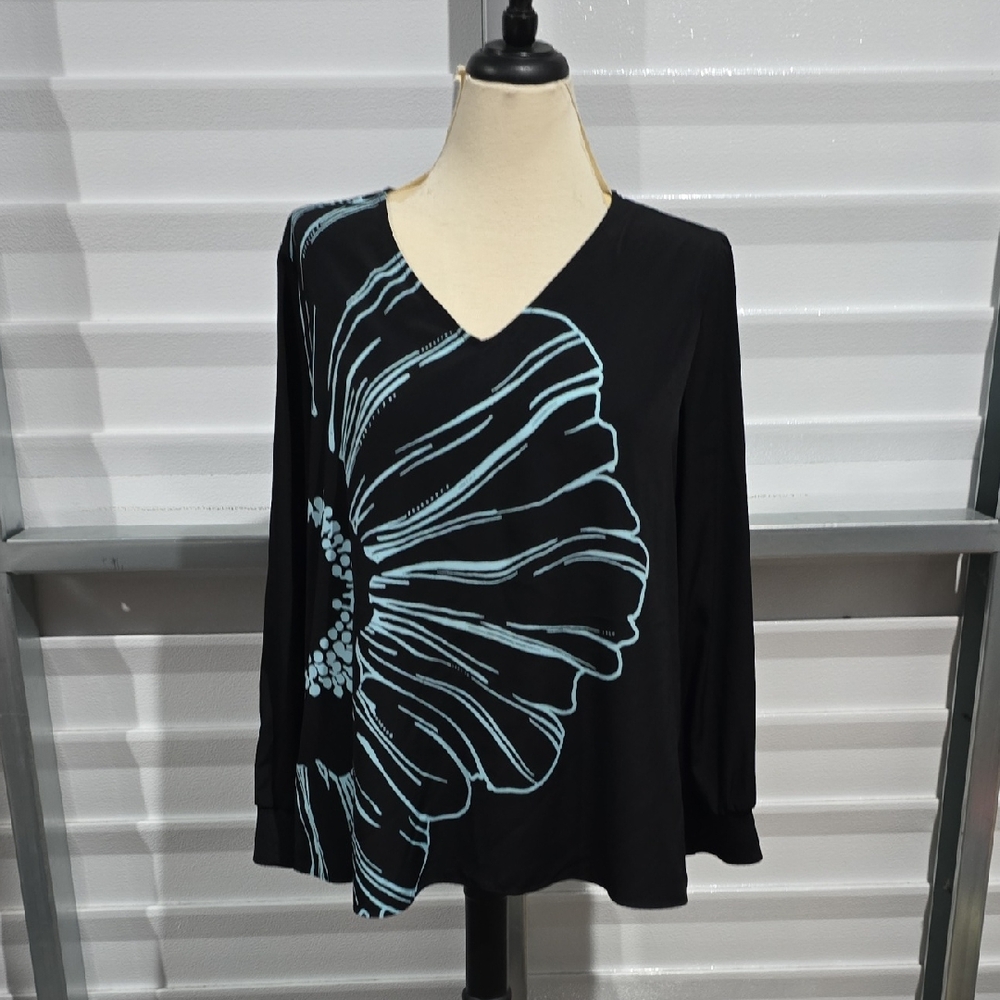 Alfani Black Top with Blue Floral Design Size Large